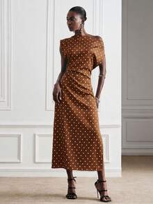 Aveloria Modichic Elegant High-End Party Luxury Asymmetric Shoulder Ruched Waist Design Brown And White Polka Dot Print Women's Padded Sleeveless Long Dress Summer - Coffee - View 4