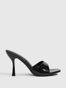 CUCCOO SZL Sepatu hak tinggi wanita model mules dengan ujung terbuka dan bentuk persegi, terbuat dari kulit mengkilap hitam. - Hitam - View 2