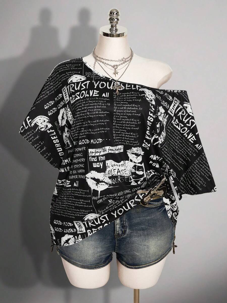 SHEIN ICON 大尺碼女款字母印花撞色不對稱肩性感T恤 - 黑與白 - 查看 1