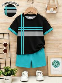 Young Boys 2-Piece Set, Simple Fashion Contrast Color Striped Color Block Print Short Sleeve T-Shirt And Printed Shorts Set, Suitable For Outings In Summer - Multicolor - View 6