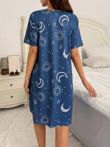SHEIN Moonlight & Mama Spring/Summer Basic Minimalist Navy Blue Moon & Sun Print Front Opening Maternity Nightgown - Blue - View 2