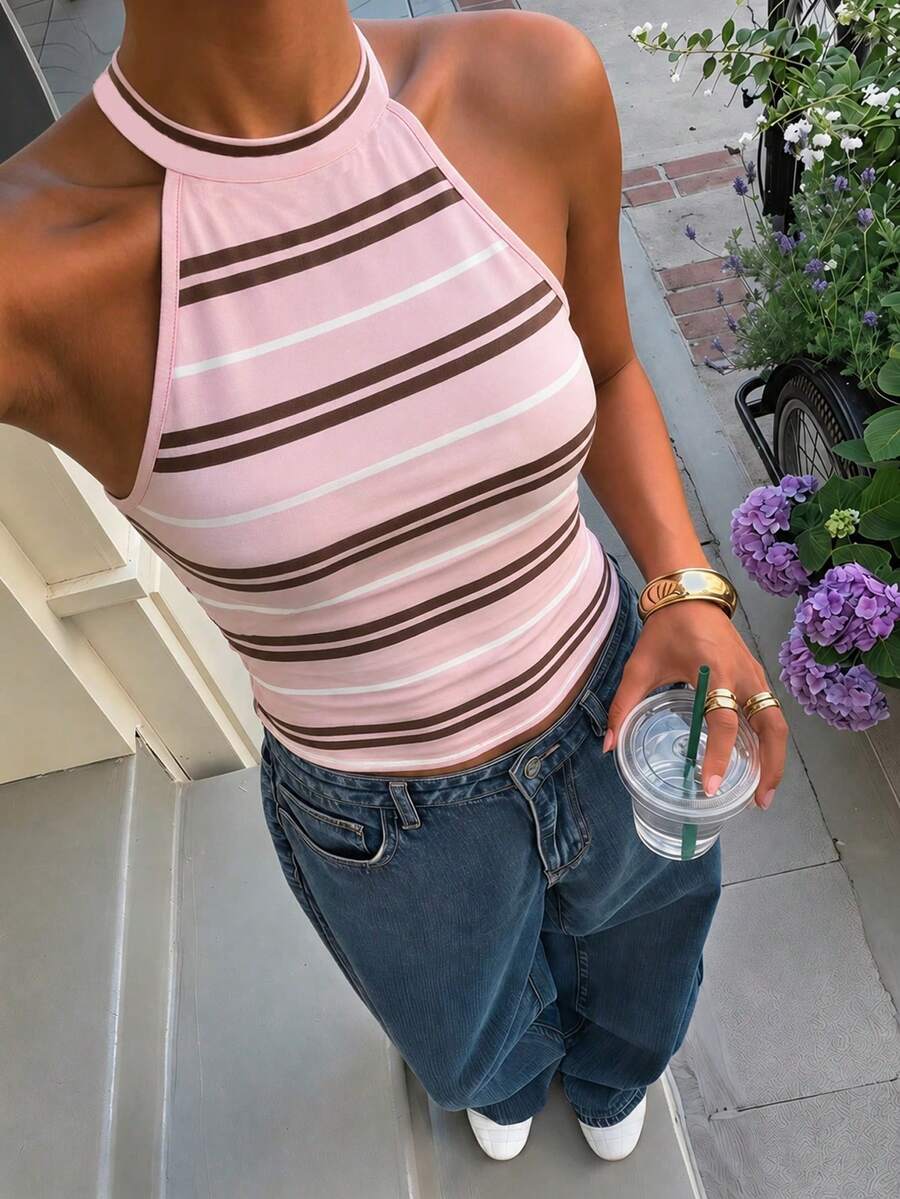 Muchica Women's Casual Y2k Backless Halter Neck Fitted Top, Suitable For Summer Brunch Going Out Pink Stripe - Multicolor - View 1