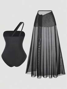 Swim Oasis 2026 Plus Size French One-Shoulder One-Piece Swimsuit For Women Tummy Control Slimming Gold Fairy Style Elegant Sexy Beach Vacation Swimwear Summer - Black - View 2
