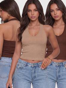 Conjunto de 2 tops cortos de punto acanalado con cuello de halter para mujer, top básico de verano de ajuste ceñido y elástico - Café integral - Ver 5