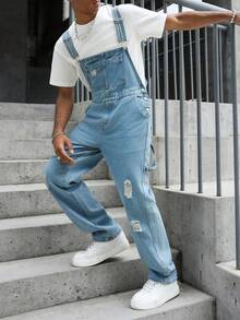Manfinity EMRG American Retro Streetwear Light Blue Washed Denim Overalls With Distressed Details, Loose Straight Leg Long Pants For Summer Holiday - Blue - View 7