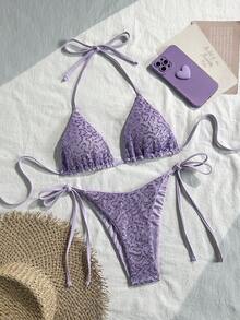 Costavie Swim Mod 兩件式比基尼套裝，春夏海灘度假風，亮片紋理面料，掛脖三角上衣搭配側綁帶泳褲，性感薰衣草紫 - 紫色 - 查看 6