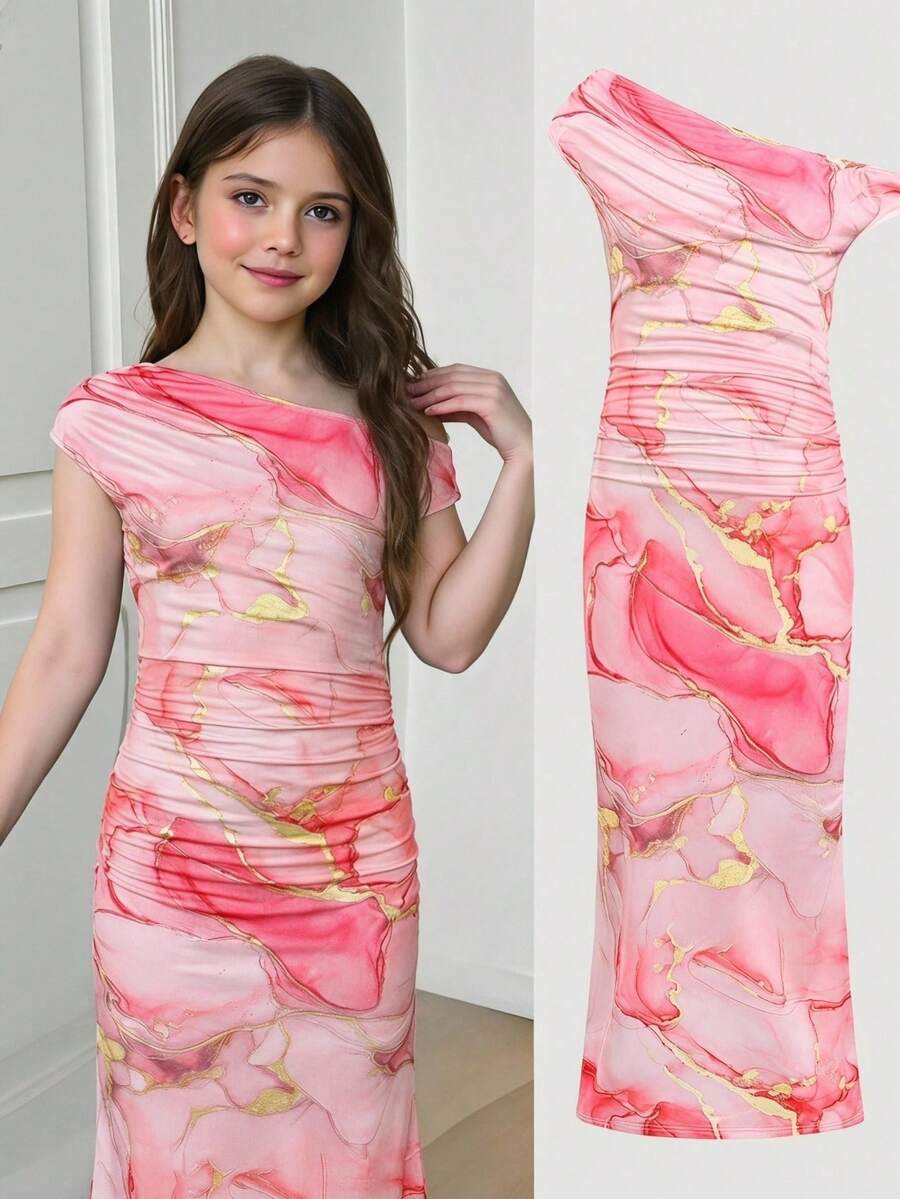 SHEIN Girlism 少女修身休闲碎花不对称肩连衣裙 - 粉色 - 查看 1