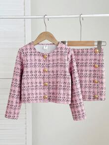 SHEIN Firerie Kids 少女都市時尚格紋長袖夾克與裙子套裝 - 粉色 - 查看 3