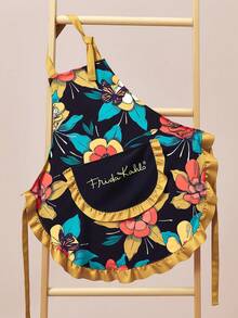 Frida Kahlo X SHEIN 1 件弗里达花卉人物图案围裙，适用于烘焙、厨房清洁、礼品 - 芥末黃 - 查看 2