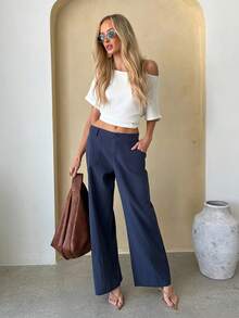 Brooke Lily Plain Casual Straight Leg Trousers With Pockets, Low-Rise - Navy Blue - View 3