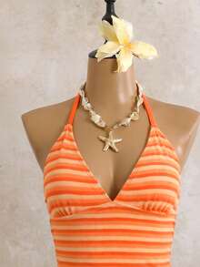 SHEIN Swim 春夏女款兩件式沙灘裝套裝，性感熱帶度假風，紋理布料條紋三角背心上衣搭配側綁帶比基尼泳褲，橘色 - 彩色 - 查看 4