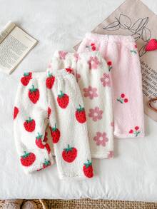 SHEIN Vintaside Kids 3件組女嬰秋冬甜美可愛草莓、櫻桃與粉色花卉圖案絨毛長褲，適合日常穿著、外出及各種室內/戶外場合 - 彩色 - 查看 6