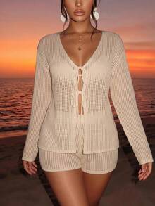Sirith 2 Pieces Women Textured Fabric Bowknot Swimwear Cover Up Set For Summer Beach Vacation - Beige - View 1