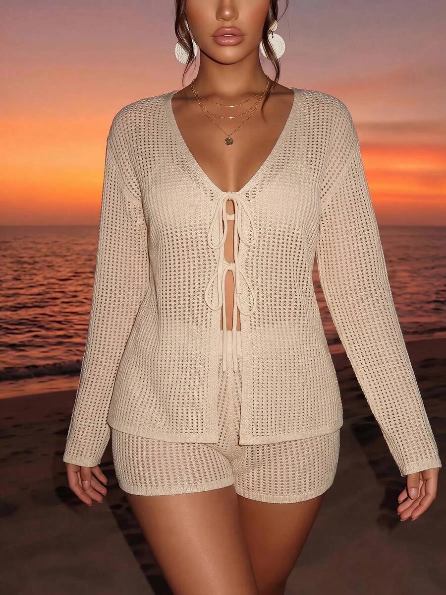 Sirith 2 Pieces Women Textured Fabric Bowknot Swimwear Cover Up Set For Summer Beach Vacation - Beige - View 1