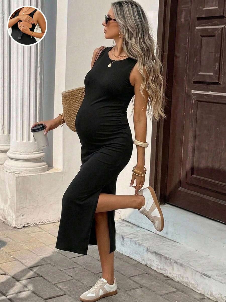 SHEIN 孕婦純色哺乳功能開衩休閒洋裝 - 黑色 - 查看 1