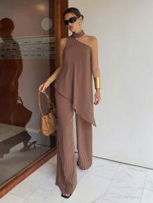 Firerie Brown Striped Neckless Sleeveless Top And Long Pants Set Light Weight One Shoulder Pallazo Pants Festival Outfits Bussines Casual Summer Going Out - Brown - View 9