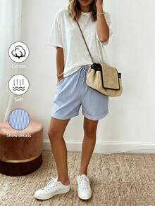 SHEIN Holidaya Summer Women's New Linen Casual Hawaiian Drawstring Rolled Hem Shorts, Striped Fabric, Elastic Waist, Beach Blue And White Striped - Blue and White - View 4