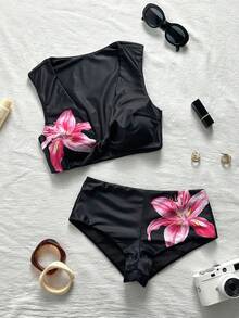 SHEIN Swim 心形領口波點冰絲印花柔軟面料扭轉杯可愛比基尼兩件式泳衣 - 彩色 - 查看 6