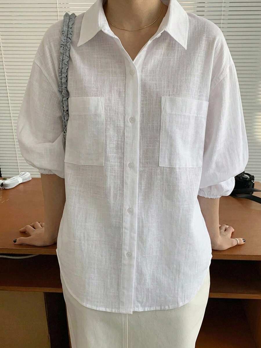 DAZY Casual Versatile Solid Color Long Sleeve Shirt - White - View 1