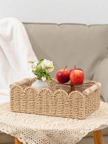1PC Paper Rope Rattan Woven Storage Basket, Tea Table Storage Box, Toys, Snacks, Cosmetics Storage, Japanese Wooden Handle, Petal Style Storage - Brown - View 3