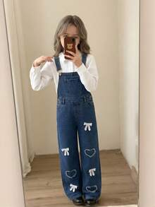 SHEIN Girls' Lace Bow Frayed Heart-Patterned Dark Blue Denim Loose-Fitting Overalls Fall Graduation Y2k - Medium Wash - View 5