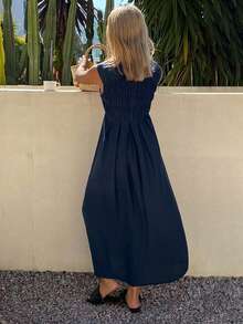 Livesso Summer Autumn June Festival Square Neck Sleeveless Ruched Waist Solid Navy Blue Full Skirt Midi Dress For Women Vacation Vacation Casual Modest - Navy Blue - View 2