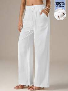SHEIN Tall Women's Minimalist White Drawstring Waist Pocket Loose Woven Trousers - White - View 5
