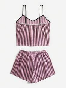 SilkySpell Women's Satin Striped Camisole Top And Bow-Tie Shorts Pajama Set - Brown - View 2