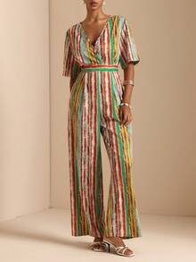 Vesra Women's Casual Tropical Boho Red Striped Jumpsuit For Vacation Summer Beach - Multicolor - View 5