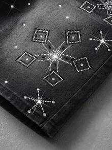 ROMWE MEN Men's Rhinestone Detail Fashion Pocket Button Street Denim Shorts - Black - View 5