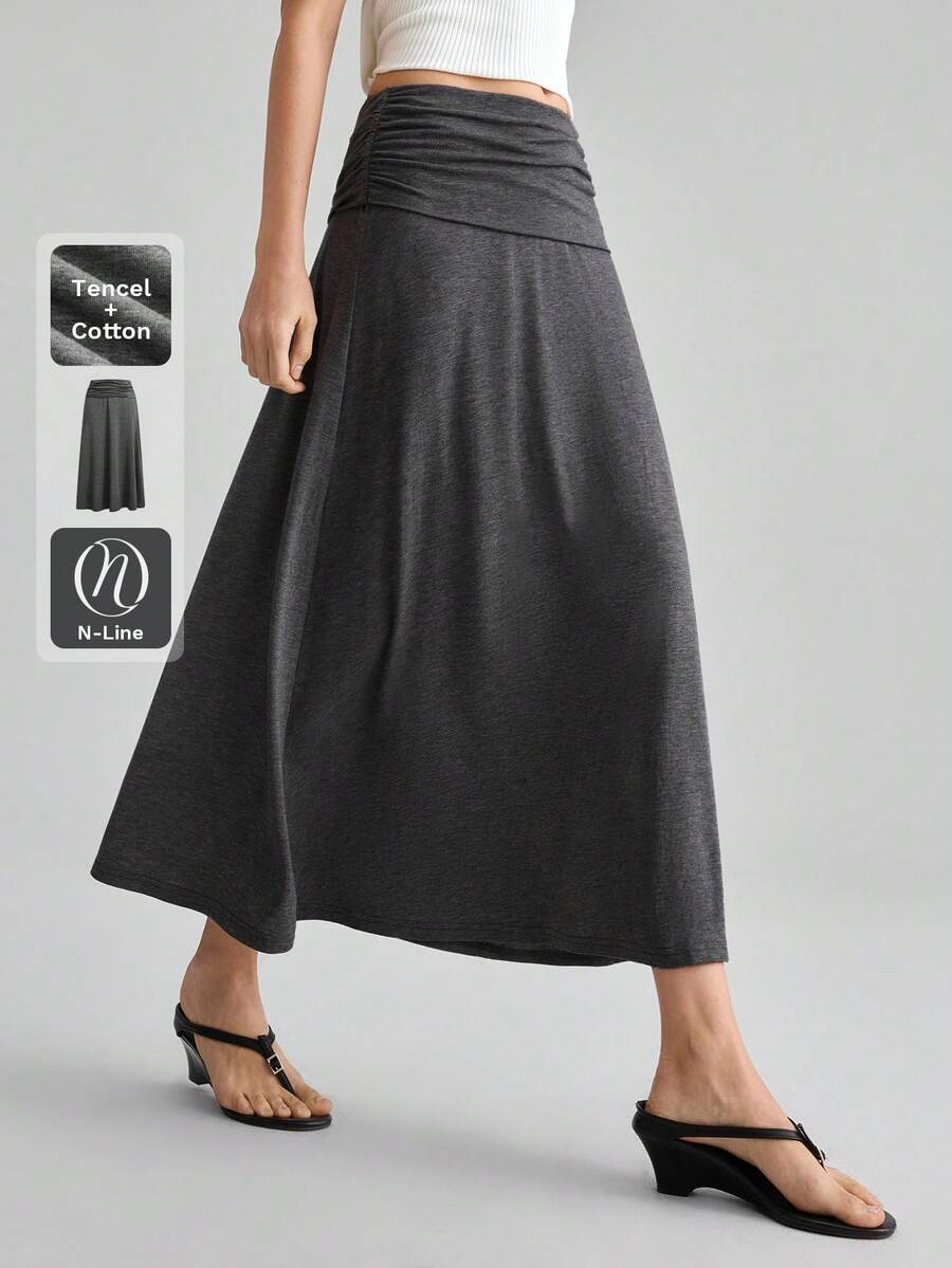 Ontre Women's Gray Comfortable Skin-Friendly Premium Fabric Fitted Waist Gathered A-Line Skirt, Modern Casual Bohemian Vacation Daily Holiday Work Summer