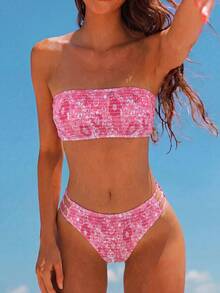 Swim Mod 2026 Spring/Summer Women's Bandeau Ruched White Base Blue Floral Random Print Backless Sexy Vacation High-Cut Side Bikini Swimsuit 2-Piece Set - Hot Pink - View 1