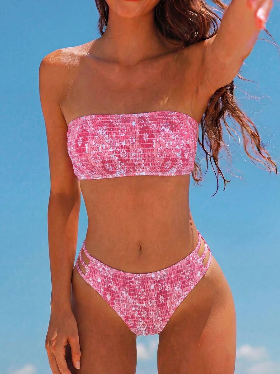 Swim Mod 2026 Spring/Summer Women's Bandeau Ruched White Base Blue Floral Random Print Backless Sexy Vacation High-Cut Side Bikini Swimsuit 2-Piece Set - Hot Pink - View 1