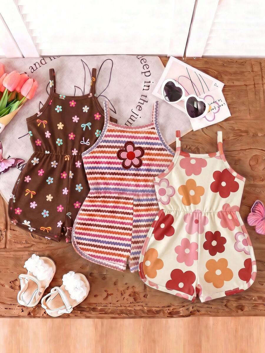 SHEIN 3件組女嬰夏季新款柔軟面料花卉與條紋印花細肩帶圓領休閒連身褲,可愛百搭時尚 - 彩色 - 查看 1