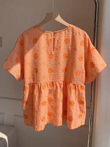 Comfortcana 橘色格紋花卉刺繡休閒女款襯衫 - 橘色 - 查看 2
