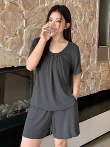 Dazy Plus 夏季寬鬆休閒睡褲短褲套裝，抽褶設計與波浪下擺 - 深灰色 - 查看 8