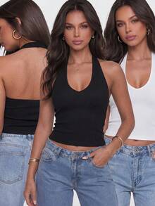 Conjunto de 2 tops cortos de punto acanalado con cuello de halter, ajuste ceñido y elástico, moda básica de verano - Blanco y Negro - Ver 2