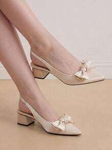 Eladyva Women's Bow Decor Chunky Heel Pointed Toe Slingback Pumps, Elegant Comfortable Daily Wear Versatile Outdoor, Commute, Party, Formal Occasion Shoes - Beige - View 1