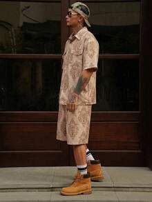 DAZY 男士短袖數位圖案工裝襯衫街頭風 2 件套 夏季 - 卡其色 - 查看 3