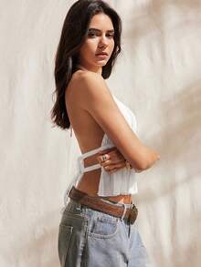 Easelle Ruched Halter Neck Cinched Waist Backless Tie Strap Tank Top - White - View 6