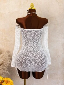 Swim Vcay Women's Lace Cover-Up Moonlight White Heart Lace Texture Exposed Shoulder Slim Fit Bodycon Side Detail Sexy Y2K Style Summer Vacation Nightclub Pool Niche Eye-Catching Look Crisp Youthful Travel Photography Outfit Personalized Check-In Style Beach Outerwear Sheer Bright - White - View 6