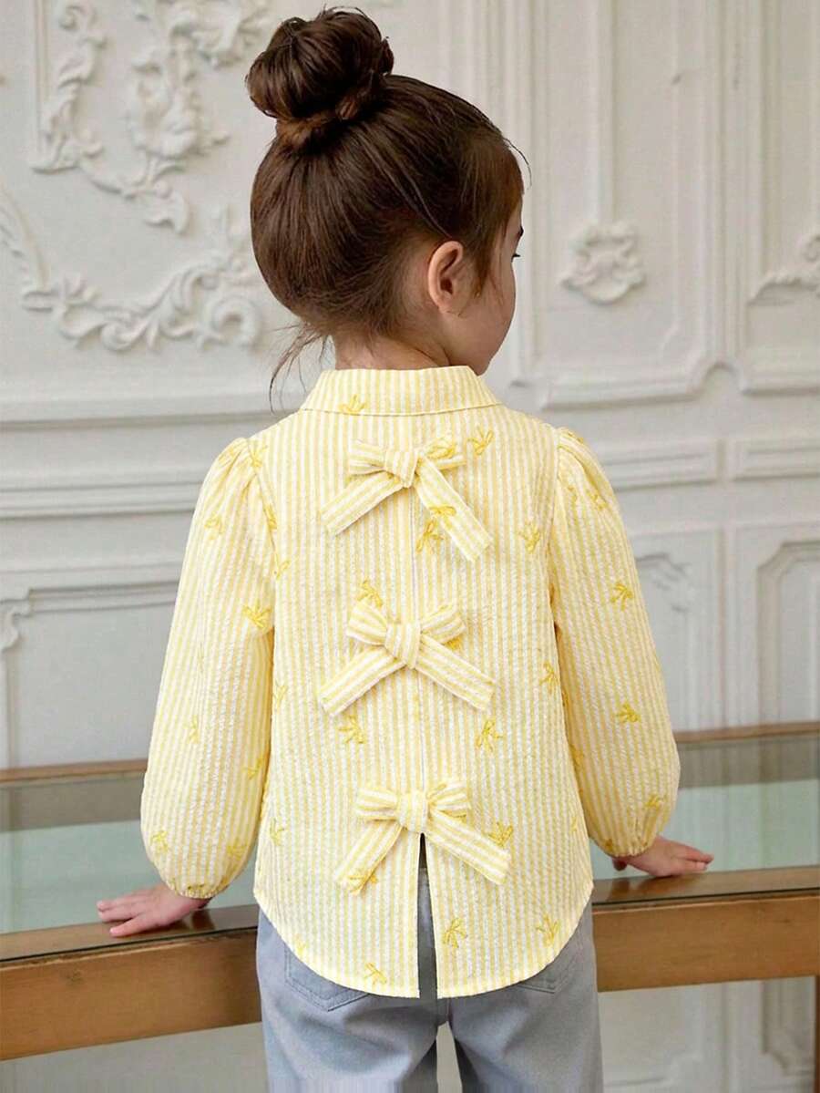 Elladie kids 女童条纹蝴蝶结装饰长袖衬衫 - 黃色 - 查看 1