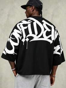 PAVTROS Men's Letter Print Crew Neck Pullover Loose Fit T-Shirt - Black - View 2