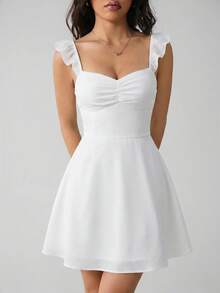 SHEIN PETITE White Chiffon Backless Tied Mini Dress, Lightweight Tight Fit Solid White Dress For Women, Spring/Summer ,Petite Women - White - View 8
