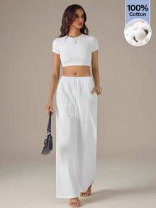 SHEIN Tall Women's Minimalist White Drawstring Waist Pocket Loose Woven Trousers - White - View 3