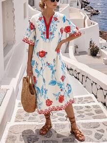SHEIN Holidaya 女款短袖鏤空V領花卉印花洋裝 - 彩色 - 查看 3