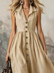 EMERY ROSE Graduation Dress Women's Fashion Solid Color Dress With Elegant Design & Front Button Detail, Suitable For Beach, Dating, Outings And Daily Commute - Khaki - View 4