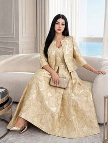 Auveirra Setelan 2 Potong Jaket dan Gaun Dalam Jacquard Elegan Musim Dingin Warna Emas Ukuran Plus untuk Wanita, Gaun Pesta Resepsi Acara Spesial, Liburan - Emas - View 3