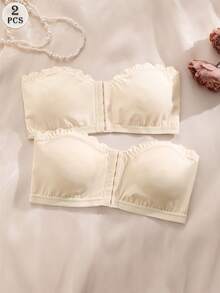 SHEIN Apricot Women's Bra Set, Front Closure Wavy Edge Push-Up Removable Padded Cups, 2pcs - Apricot - View 4
