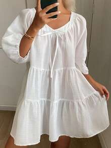 DAZY Camisón de mujer de unicolor holgado con lazo delantero, pijama de verano - Blanco - Ver 4